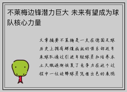 不莱梅边锋潜力巨大 未来有望成为球队核心力量