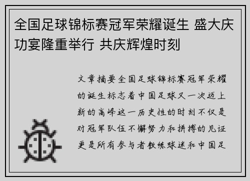 全国足球锦标赛冠军荣耀诞生 盛大庆功宴隆重举行 共庆辉煌时刻