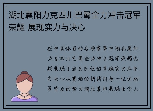 湖北襄阳力克四川巴蜀全力冲击冠军荣耀 展现实力与决心