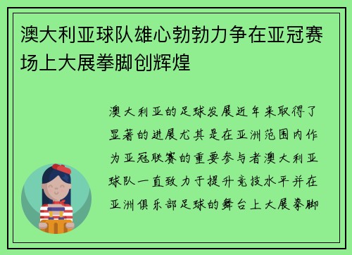 澳大利亚球队雄心勃勃力争在亚冠赛场上大展拳脚创辉煌