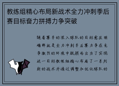 教练组精心布局新战术全力冲刺季后赛目标奋力拼搏力争突破