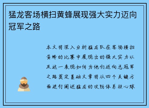 猛龙客场横扫黄蜂展现强大实力迈向冠军之路