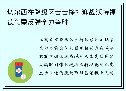 切尔西在降级区苦苦挣扎迎战沃特福德急需反弹全力争胜