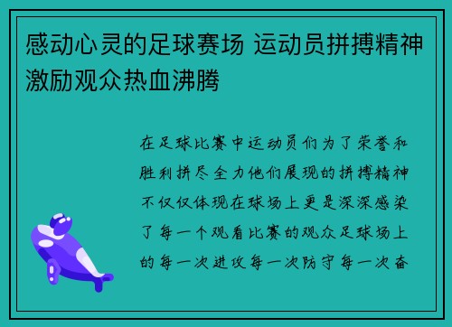 感动心灵的足球赛场 运动员拼搏精神激励观众热血沸腾