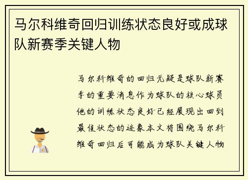 马尔科维奇回归训练状态良好或成球队新赛季关键人物